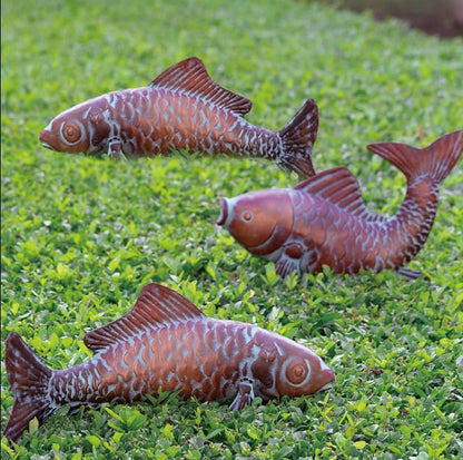Set of 3 Outdoor Garden Koi Fish Sculptures & Statues Antique Copper Fish Yard Décor, Metal Koi Figurine Ornaments for Outdoors,Patio Decor,Backyard and Home Kitchen Decorations