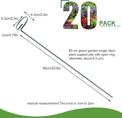 HiGift 20 Pack 24 Inch Plant Support Stakes, Single Stem Flower Support Stakes and Rings for The Garden, Metal Garden Stakes for Tall Plant Vegetables Amaryllis Orchid Lily Sunflower Rose Narcissus