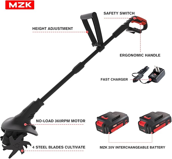 MZK 20V Cordless Tiller Cultivator with Steel Tines,8-inch Wide Battery Powered Garden Cultivator, 360RPM Electric Tiller for Lawn/Gardening/Soil Cultivation(2 * 2AH Battery&Charger Included),TC08D01