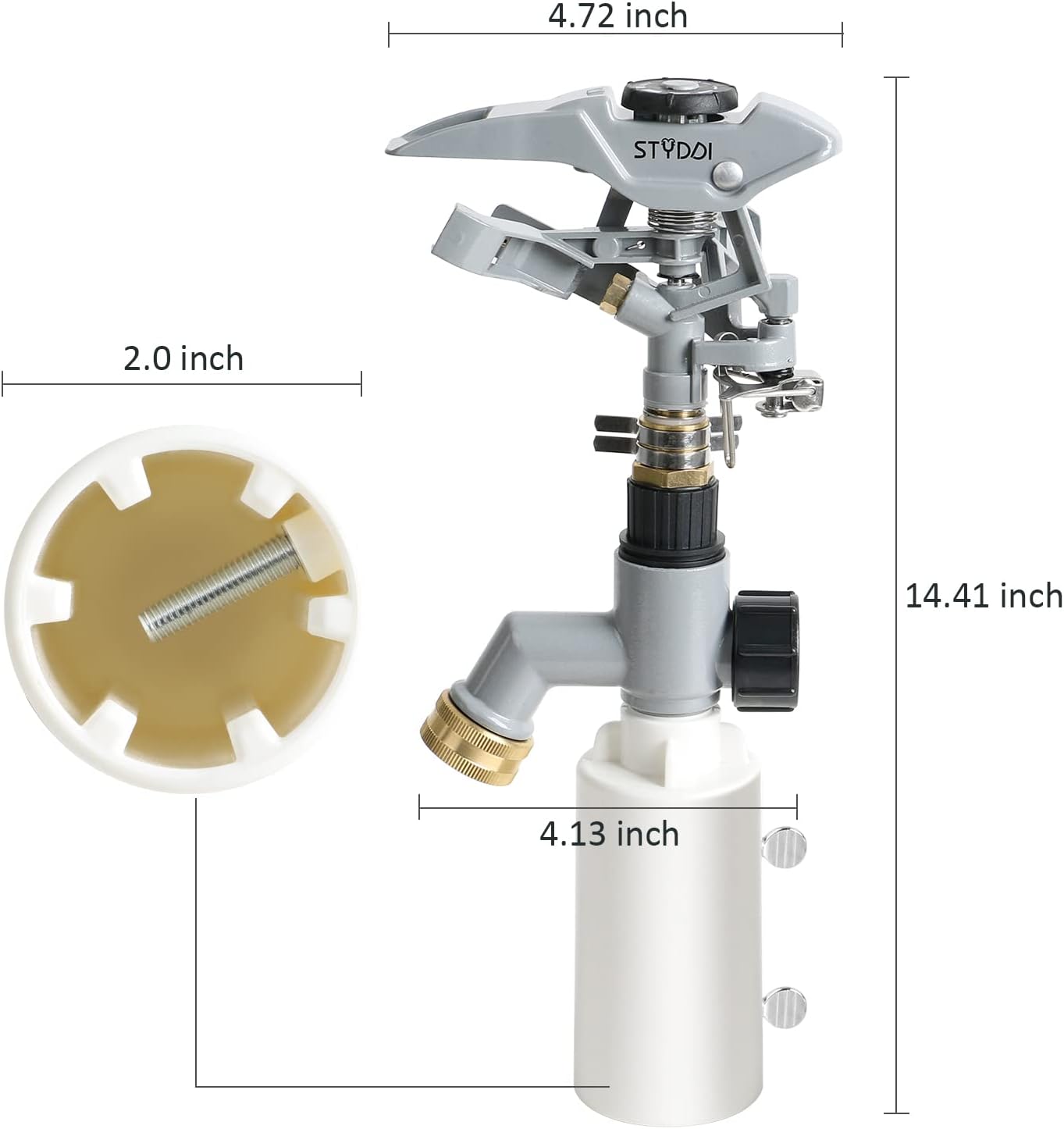 STYDDI T-Post Fence Sprinkler, Metal Impact Sprinkler Head on Fence T-Post Base with Flow Through, Irrigation Zinc-Alloy Adjustable T-Post Impulse Sprinkler