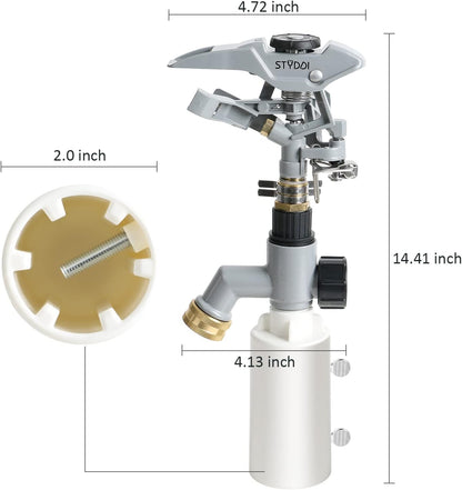 STYDDI T-Post Fence Sprinkler, Metal Impact Sprinkler Head on Fence T-Post Base with Flow Through, Irrigation Zinc-Alloy Adjustable T-Post Impulse Sprinkler