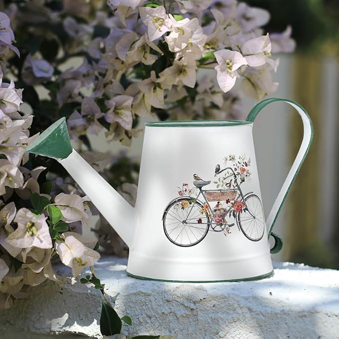 Small Watering Can for Indoor Plants Garden Metal Decorative Watering Can Outdoor Bonsai Balcony Courtyard Garden Flower Decorative, 1.5L, 50.7 Oz (White Green)