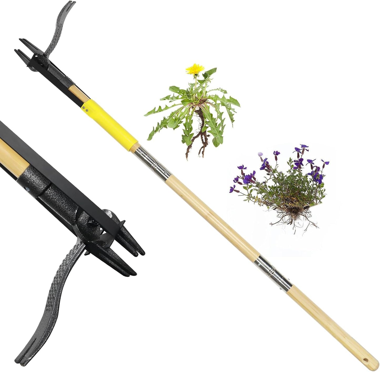 Weed Puller Tool with Long Handle,44'' Heavy Duty 4-Claw Stand Up Garden Weeding Tool-Double Weeding Technique,Weed Remover Tool That not Body Bending（Ergonomic）