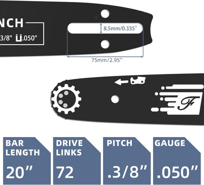 20 Inch Chainsaw Bar & Chain Combo for Husqvarna 20" 72 Drive Links 3/8" Pitch .050" Gauge Fits Husqvarna 455 Rancher 555 Rancher 570 576XP 257 365 372XP, Poulan PP5020AV PR5020 (3 Chains+ 1Bar)