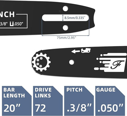 20 Inch Chainsaw Bar & Chain Combo for Husqvarna 20" 72 Drive Links 3/8" Pitch .050" Gauge Fits Husqvarna 455 Rancher 555 Rancher 570 576XP 257 365 372XP, Poulan PP5020AV PR5020 (3 Chains+ 1Bar)