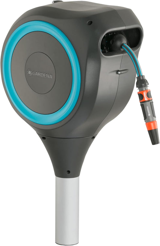 GARDENA 18604 | 50' x 1/2" Automatic Retractable Garden Hose Reel for Outside Use on Metal Spike With Easy Swivel for Simple Watering of Gardens and Grass. Easy Installation in Ground