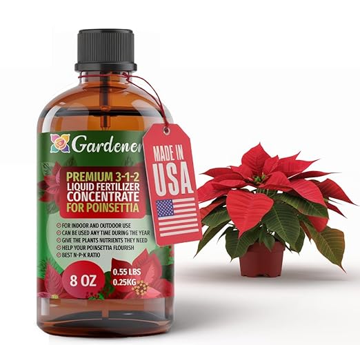 Gardenera Poinsettia Plant Fertilizer - 3-1-2 NPK - Organic Liquid Plant Food for Christmas Flowers and Trees - 8oz Concentrate