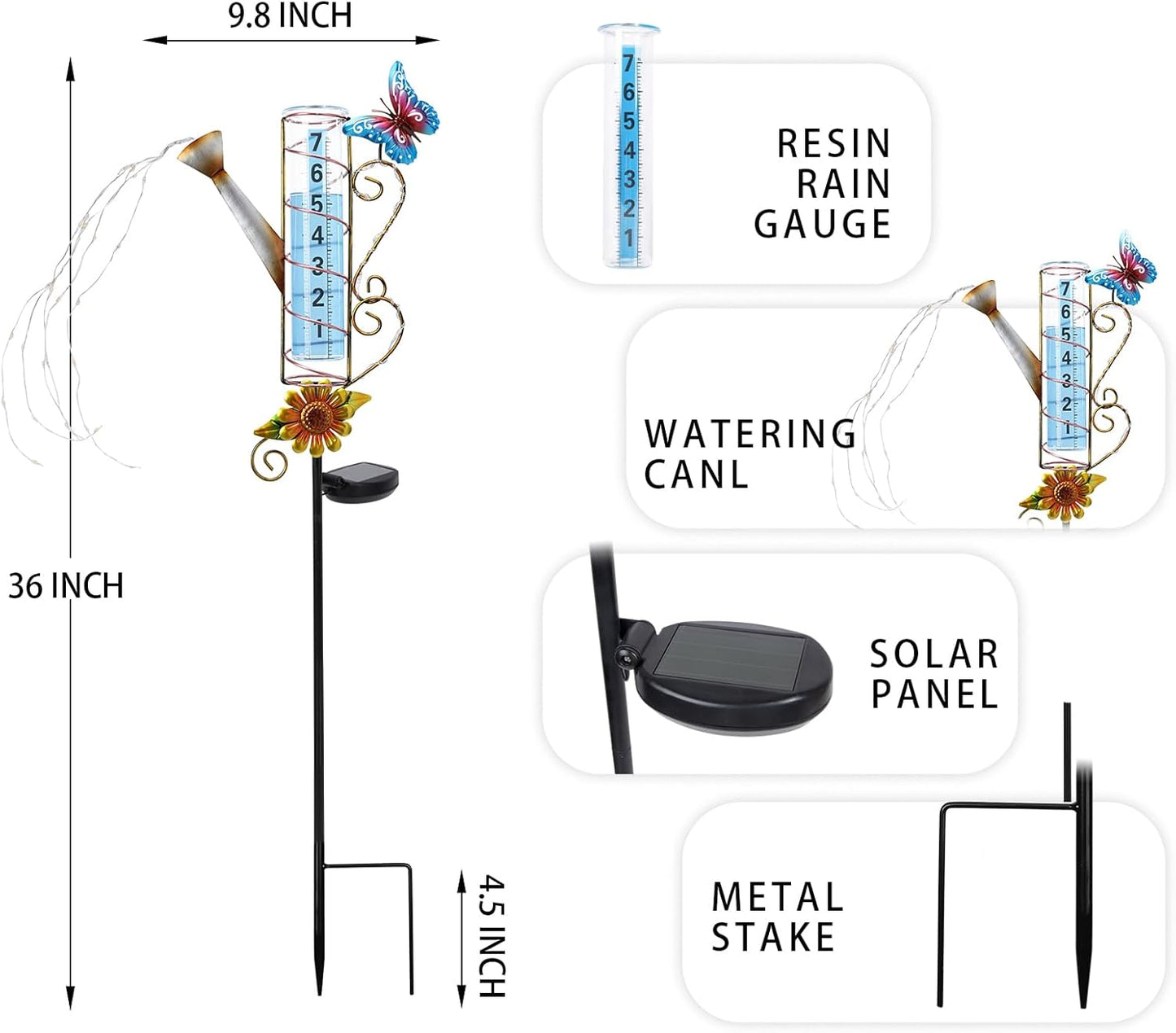 MUMTOP Rain Gauge Outdoor Solar Powered, 36 Inch Large Number Watering Can Water Gauge for Lawn, Yard and Garden