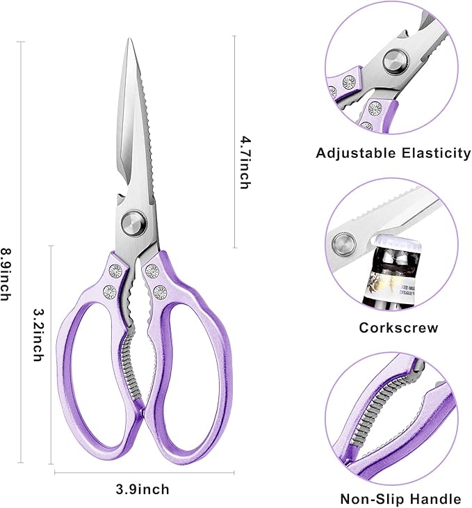 Heavy Duty Sharp Kitchen Scissors, Dishwasher Safe, Cooking Shears for Meat, Chicken, Fish, Poultry, Herb, Bread (Purple)