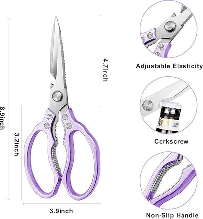 Heavy Duty Sharp Kitchen Scissors, Dishwasher Safe, Cooking Shears for Meat, Chicken, Fish, Poultry, Herb, Bread (Purple)
