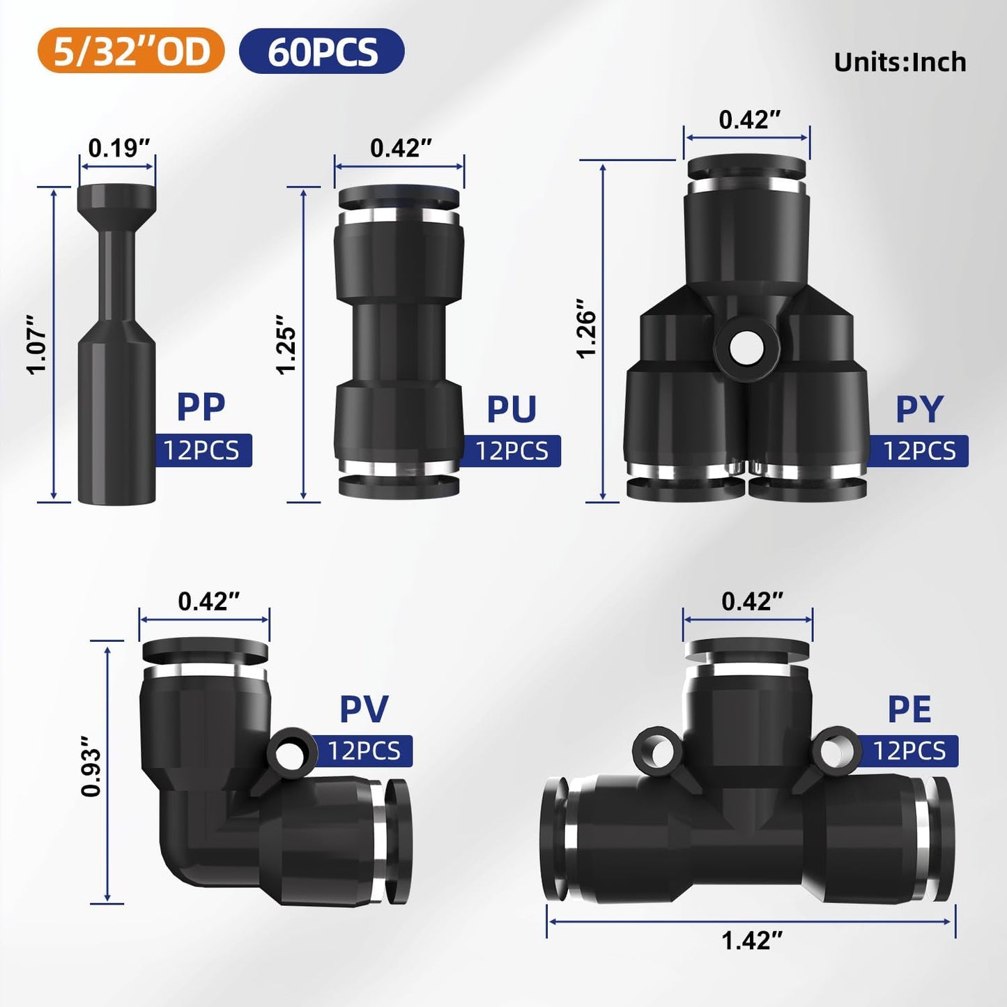 60pcs 5/32" OD 4mm Push to Connect Fittings, 5/32 inch OD Air Line Fittings Pneumatic Air Hose Tubing Quick Connects Kit (Tee, Straights, Elbow, Splitters,Plugs)