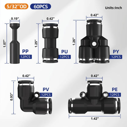 60pcs 5/32" OD 4mm Push to Connect Fittings, 5/32 inch OD Air Line Fittings Pneumatic Air Hose Tubing Quick Connects Kit (Tee, Straights, Elbow, Splitters,Plugs)