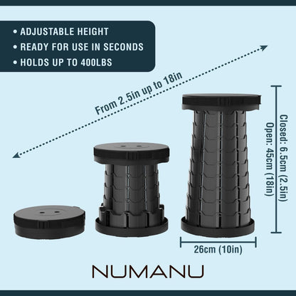 NUMANU 2025 Upgraded Collapsible Stool, 2.5"-18" Max 620lb Portable Folding Stool, Height Adjustable Retractable Telescopic Seat (2Pack Old-Gen Hard Seat + Accessories)