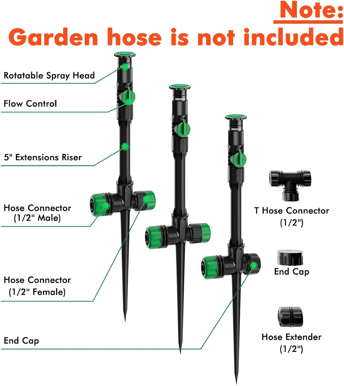 RESTMO Flexible Sprinkler System with Metal Spike Base, Above Ground DIY Irrigation Kit, Multi-Adjustable Lawn Sprinkler Set, Ideal for Plant and Flower Bed Watering (Garden Hose Not Included)