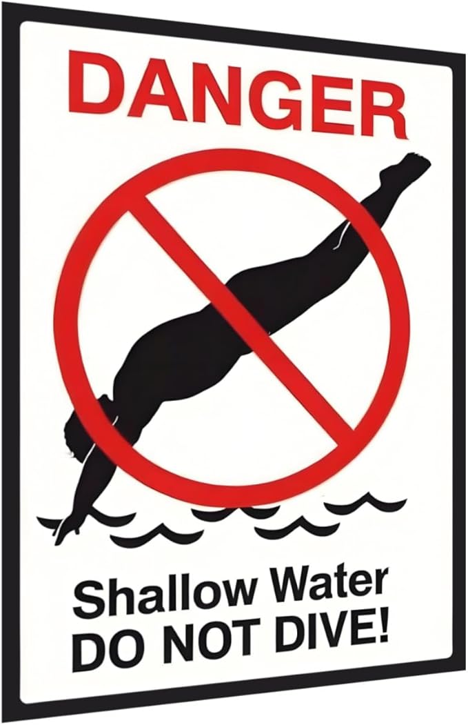 Shallow Water Do Not Dive No Diving Allowed Tinplate Pool Sign - Splash-Proof Outdoor Metal Decor for Backyard Safety & Pool Rules