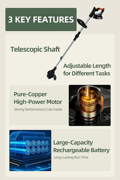 Cordless String Trimmer, Weed Wacker, Nylon Trimmer Head as Its Core Cutting Accessory, Telescopic Shaft and Foldable, 2 x Batteries, String Trimmer Cordless, Black