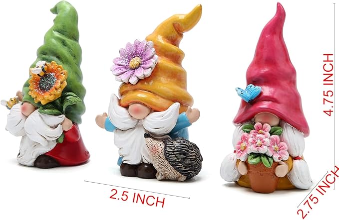 Hodao Set of 3 Spring Gnome Decorations Flower Gnomes Ornaments Decor Summer Outdoor Figurines Spring Elves for Porch, Garden Yard, Flower Bed Garden Gifts for Women, Mom (Multicolor)