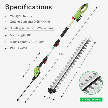 VIVOSUN 20" Cordless Pole Hedge Trimmer, 20V Electric Bush Trimmer with 20” Dual-Action Laser Blade, Adjustable Cutting Head, 0.55" Cutting Capacity, 2.0AH Battery and Fast Charger Included
