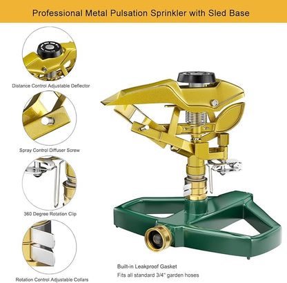 FANHAO Heavy Duty Pulsating Impact Lawn Sprinkler with Metal Base, 100% Metal Adjustable Circular Zinc Impulse Sprinkler for Yard Lawn, 360 Degree Large Area Coverage, Covers Up to 5800 sq. ft