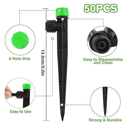 50PCS Drip Irrigation Emitters, Kalolary Adjustable 360 Degree Water Flow Drippers Emitters for 1/4" Drip Irrigation System Tubing, Irrigation Drippers for House Garden Flower beds(Medium Green)