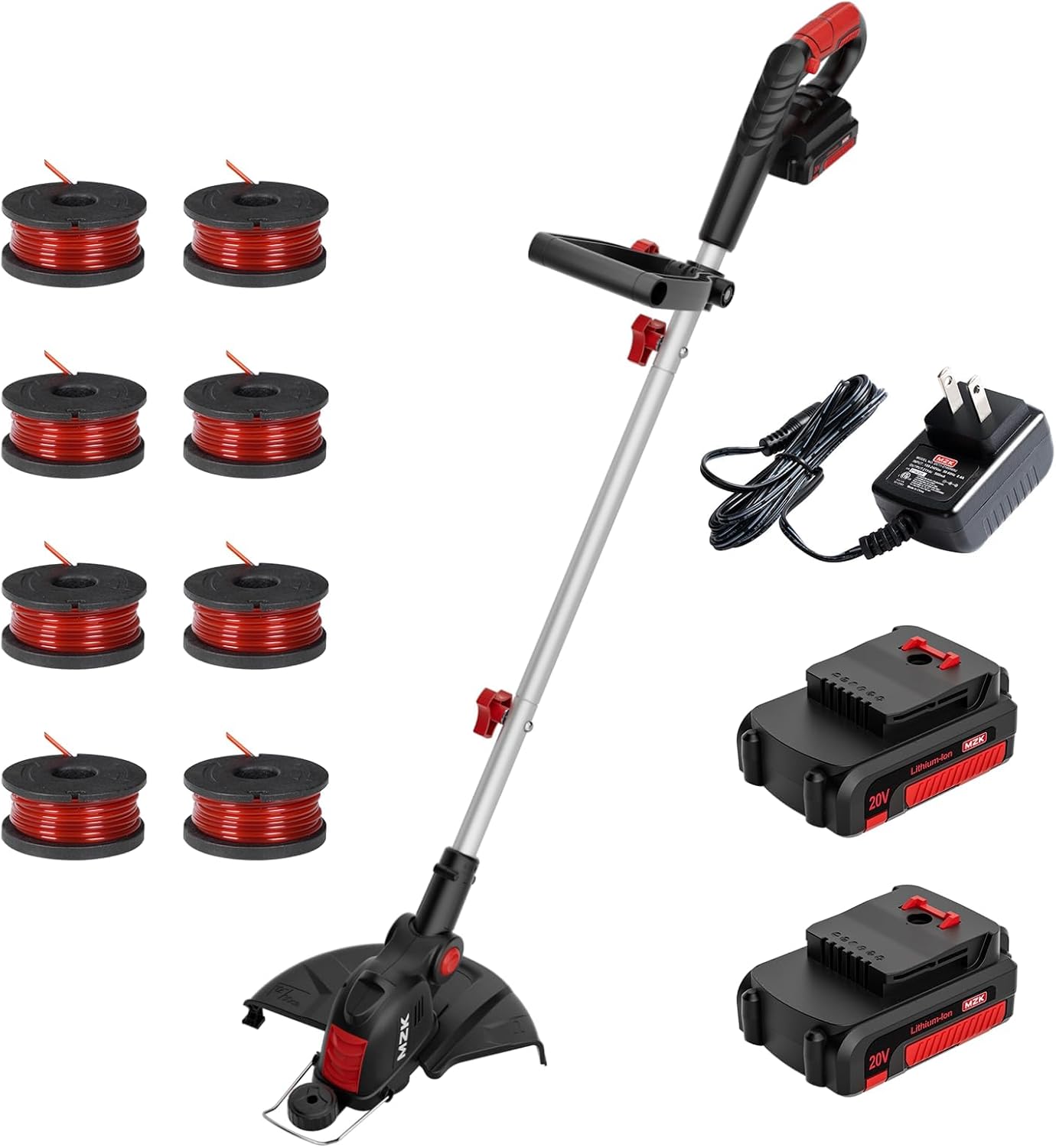 MZK 20V 12'' Cordless String Trimmer, Grass Trimmer&Edger with 8 Replacement Spools, Battery Powered Weed Trimmer with Auto Line Feed for Lawn,Garden(2 * 2AH Battery and Charger Included)