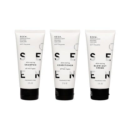SEEN Travel Trio, Fragrance Free - Non-Comedogenic & Blow-Out Hair Cream, Shampoo & Conditioner Set- Reduces Frizz- Heat Protectant- Safe for Sensitive & Eczema Prone Skin