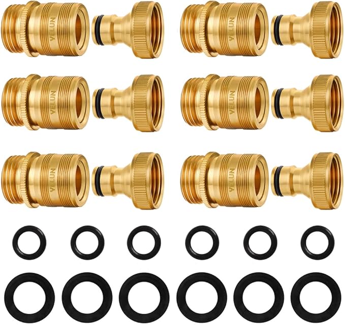 Garden Hose Quick Connect Solid Brass 3/4 inch GHT External Thread Easy Connect Fittings No-Leak Water Hose Male Quick Connector and Female product adapters (6 SETS)