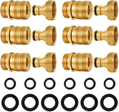 Garden Hose Quick Connect Solid Brass 3/4 inch GHT External Thread Easy Connect Fittings No-Leak Water Hose Male Quick Connector and Female product adapters (6 SETS)