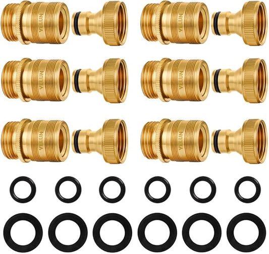 Garden Hose Quick Connect Solid Brass 3/4 inch GHT External Thread Easy Connect Fittings No-Leak Water Hose Male Quick Connector and Female product adapters (6 SETS)