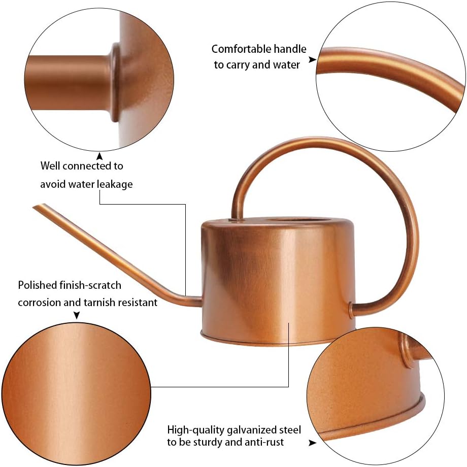 40 oz Decorative Copper Colored Galvanized Steel Watering Can - Easy Pour Gooseneck Spout for Indoor Plant Watering (Bronze)