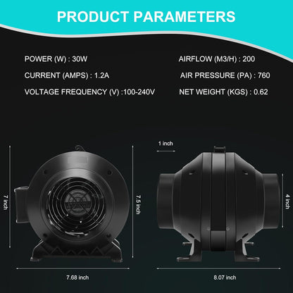 MELONFARM 4" 190 CFM Inline Duct Fan with E12 Speed Controller, Ventilation Exhaust Fan for Cooling Booster, Grow Tents, Hydroponics