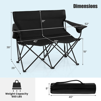 Goplus Double Camping Chair, Oversized Heavy Duty Camping Loveseat for Adults, Portable Folding 2 Person Camping Chair with Cup Holder for Outdoor Lawn Beach Backyard