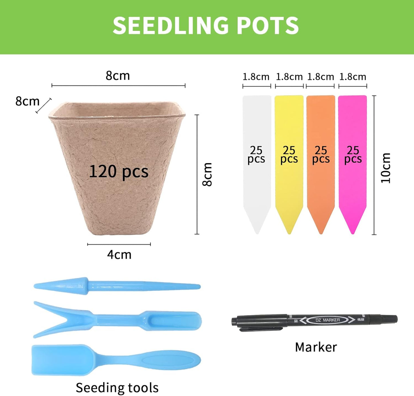 3T GROUP 120 Pack 3.15 Inch Square Small Plant Pots,Disposable Flower Pots,Mini Compostable Pot for Plant,Biodegradable Seed Planting Peat Seedling Pot Cups with 100 Labels,Tool,Pen