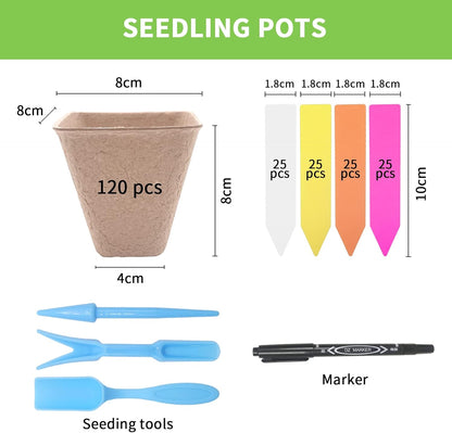 3T GROUP 120 Pack 3.15 Inch Square Small Plant Pots,Disposable Flower Pots,Mini Compostable Pot for Plant,Biodegradable Seed Planting Peat Seedling Pot Cups with 100 Labels,Tool,Pen