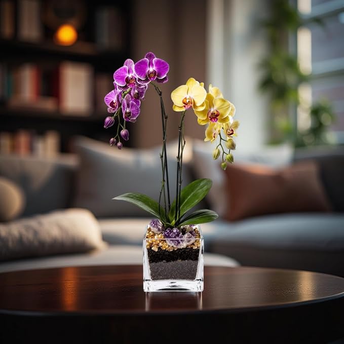 Live Purple and Yellow Double Stem Phalaenopsis Orchid Plant with Citrine and Amethyst - Premium Dual-Color Flowering Houseplant, Easy Care Live Plant