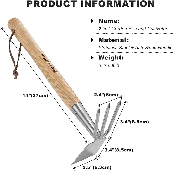Berry&Bird 2IN1 Hand Tools Hoe and Cultivator, Stainless Steel Garden Hand Tiller and Pickaxes with Wooden Handle, 14''Weeding Hoes for Digging, Loosening Soil, Cultivating, Planting and Farming Tool