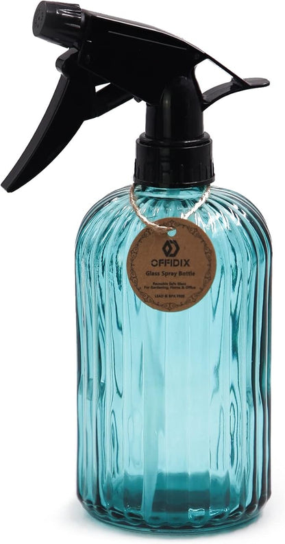 OFFIDIX Glass Spray Bottle, Plant Mister with Adjustable Nozzle 0.4L/13.5oz Pressure Watering Can Handheld Spray Bottle for Outdoor Indoor Plants and Cleaning Work (Blue)