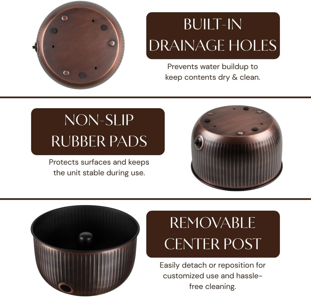 Monarch Abode Decorative Garden Hose Holder with Lid, Antique Copper Storage for Outdoor Use, 100 ft Water Hose Pot for Outside, Ridge Embossed Metal Pot with Drainage, Garden Storage Organizer