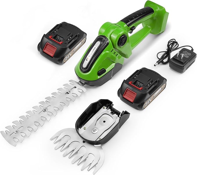 Hedge Trimmer Cordless, TOOVEM 2 in 1 Handheld Cordless Grass Shear with 2 Pcs Rechargeable Batterys and Charger, 24V Electric Weed Grass Cutter Shrubbery Trimmer for Garden, Lawn (Green)