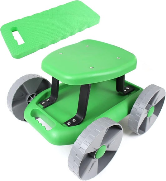 Garden Stool with Wheels, Lightweight Garden Scooter Rolling Seat Cart with Tool Tray and Foam Kneeler Pad for Gardening Work Supplies