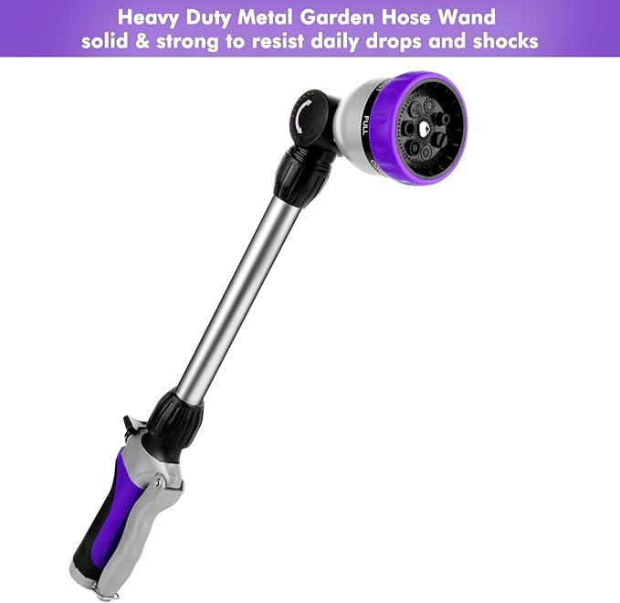 RESTMO Metal Watering Wand, Heavy Duty Garden Hose Wand with 180° Swivel Ratcheting Head, 16'' Hose Nozzle Sprayer with 7 Spray Patterns and Flow Control, for Water Hanging Baskets and Shrubs, Purple