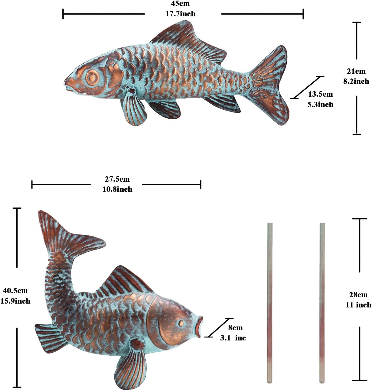 Metal Koi Fish Sculptures, Outdoor Garden Sculptures & Statues, Antique Copper Koi Pond Decor, Set of 2 Koi Fish Figurines Artwork, Garden Statue for Indoor Outdoor Patio Backyard Home Kitchen