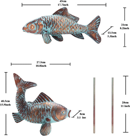 Metal Koi Fish Sculptures, Outdoor Garden Sculptures & Statues, Antique Copper Koi Pond Decor, Set of 2 Koi Fish Figurines Artwork, Garden Statue for Indoor Outdoor Patio Backyard Home Kitchen