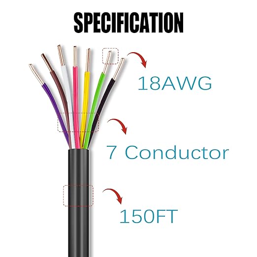 18/7 Sprinkler Wire, 150 ft, 7 mm, Black, PVC, Pure Copper, UV Resistant, Easy Install, Suitable for Solid Sprinkler Systems