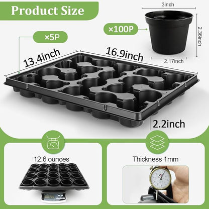 3 Inch Plastic Plant Pots 100 Pcs with 5 Pcs 20 Cell Seed Starter Trays, Thick Black Small Nursery Pots and Propagation Shuttle Trays for Seed Starting, Plant Propagation Starter Kit 5 Sets