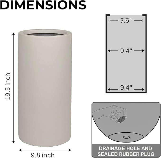 19.5"H x 9.8"D Tubo Fiberstone Cylinder Tall Planter with Drainage Hole, Smooth Finishes, Weather Resistant for Indoor and Outdoor Use, Included 2 Extra Coco Mats (Taupe, 8.2" Pot Opening)