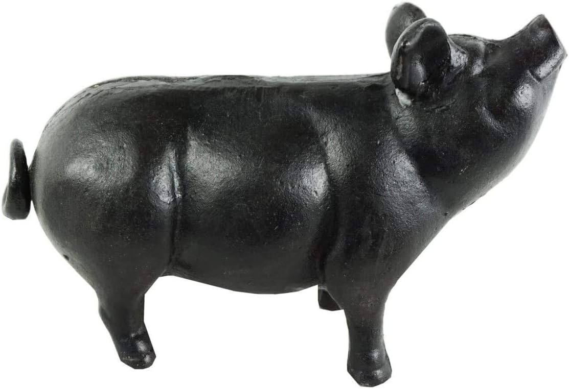NACH Cast Iron Pig Statue - Black Door Stopper/Paperweight, Rustic Garden Decor, 9.2x3.7x5.9 Inch, Black Head Up Pig