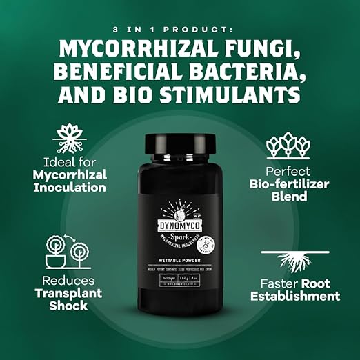 DYNOMYCO Spark WP Mycorrhizal Fungi, 4oz Wettable Powder – 3-In-1 Root Enhancer Amplifies Nutrient Uptake & Yield – Treats 25 Plants, Indoor/Outdoor Bio-Stimulant – Dissolves Fast in Seed Starter Soil