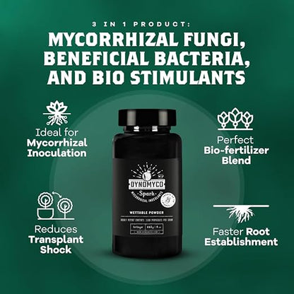 DYNOMYCO Spark WP Mycorrhizal Fungi, 4oz Wettable Powder – 3-In-1 Root Enhancer Amplifies Nutrient Uptake & Yield – Treats 25 Plants, Indoor/Outdoor Bio-Stimulant – Dissolves Fast in Seed Starter Soil