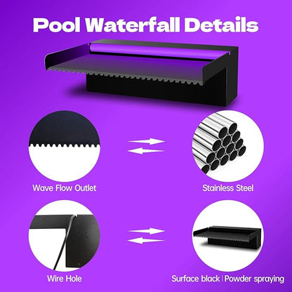 Pool Waterfall Spillway Stainless Steel Pond Fountain, APP Control Colorful LED Lighted Outdoor Black Fountains, Water Flow Spillways Kit for Koi Pond, Swimming Pool, Garden-11.8"x7.8"x3.9"